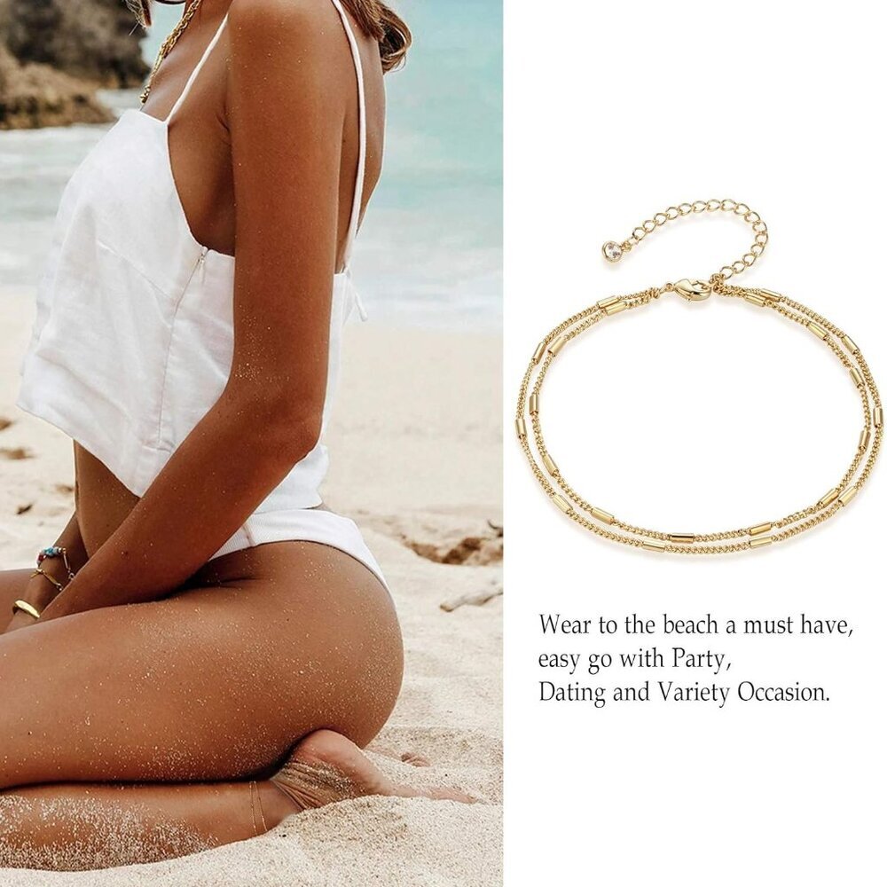 Dainty Ankle Bracelet,14K Gold Plated Tiny Bead Anklet Dainty White Cubic Zircon - Picture 4 of 6